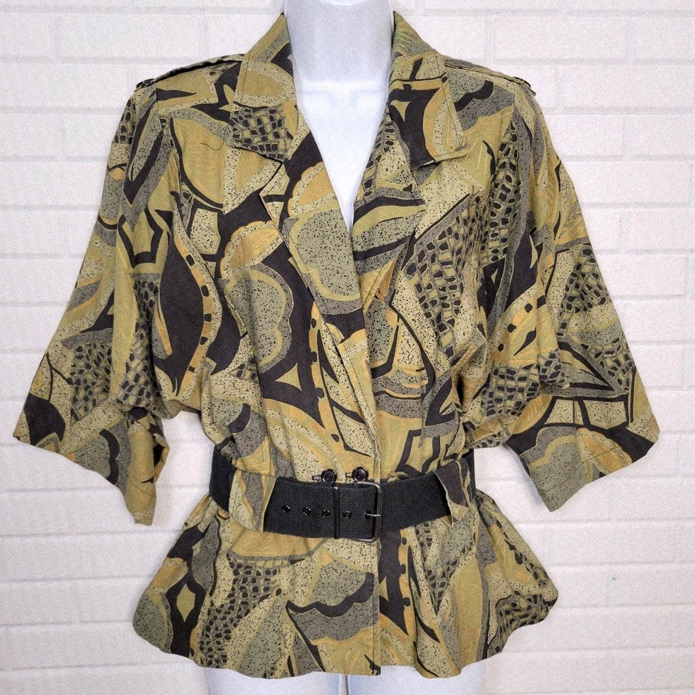 Vtg 80s belted safari‎ jacket tropical geometric cotton sz M batwing 3/4 sleeves